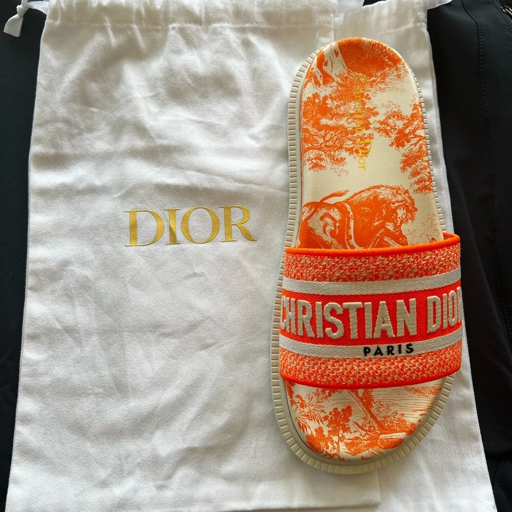 DIOR Bright Orange Toile de Jouy Embroidered Cotton DWAY SLIDE - size 38 - Picture 8 of 11